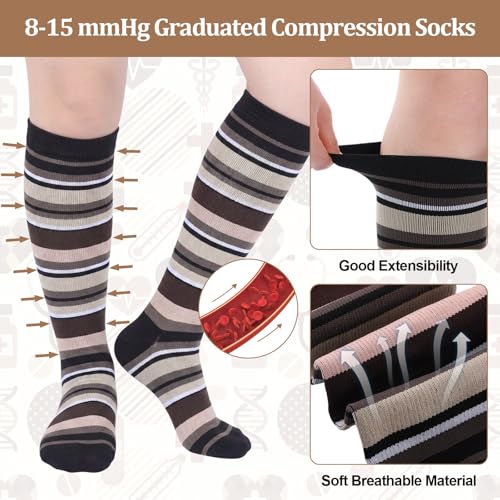 Shyyween 12 Pairs Men Knee High Compression Socks - size: Large, style: Khaki