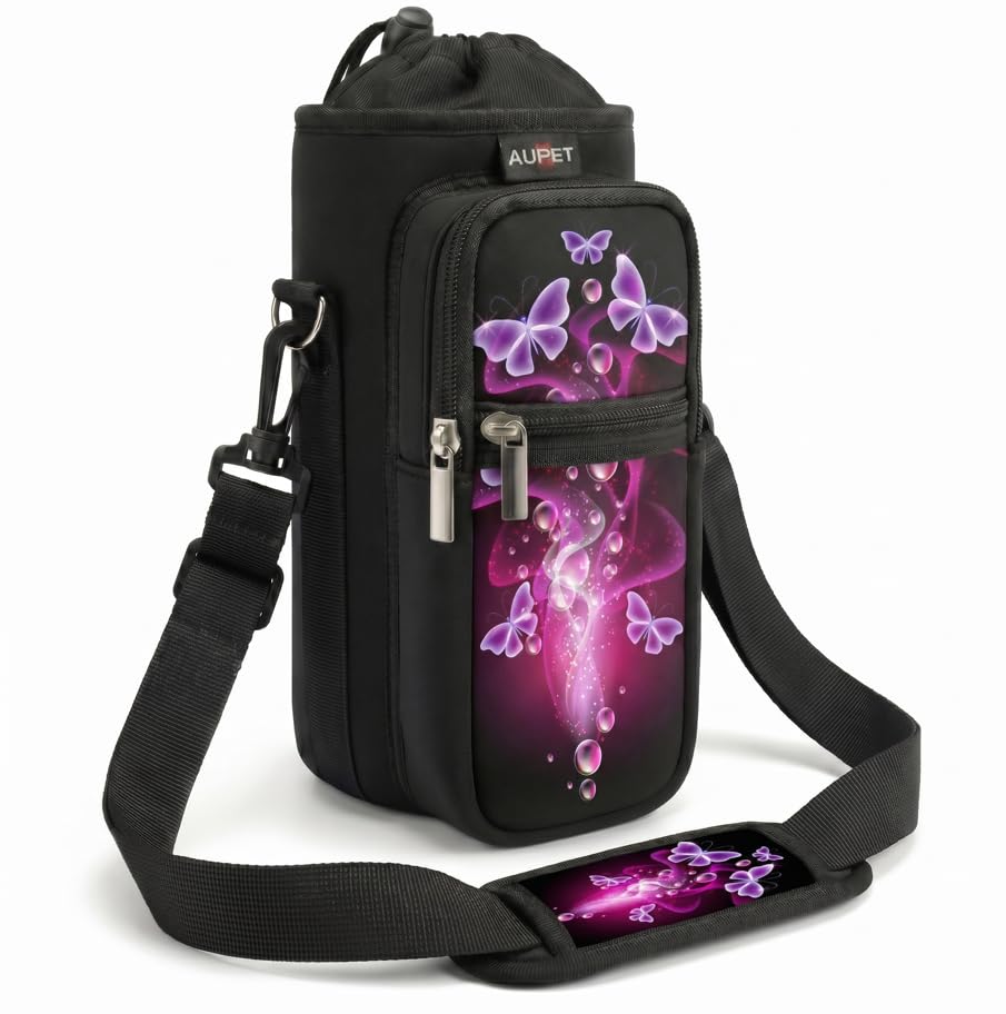 AUPET Water Bottle Sling Bag Sleeve Holder Carrier 25/32/40/64 oz,Insulated Crossbody Water Bottle Case Cover with Strap and Pockets for Men/Women Walking Hiking - color: nice butterlies, size: 25oz