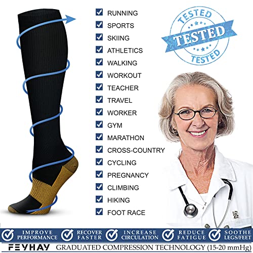 FEYHAY Copper Compression Socks (3 Pairs) 15-20 mmHg Circulation is Best Athletic & Daily for Men & Women, Running, Climbing - color: 02 Black/White/Beige, size: Large-X-Large