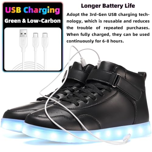 APTESOL Unisex Rechargeable LED Light Up Shoes Men Women High Top Sneakers - color: Black, size: 7 Women/5.5 Men