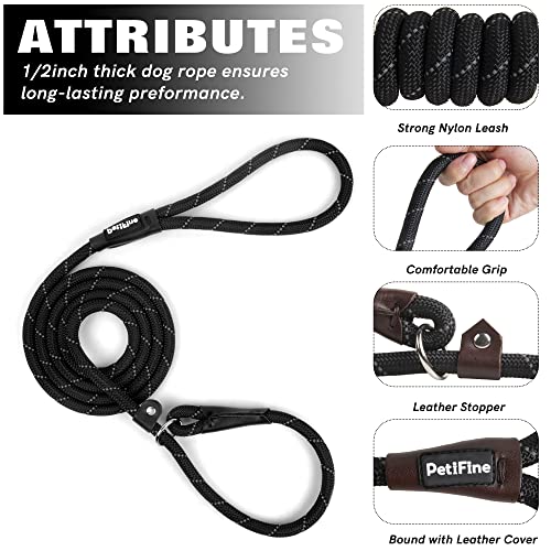 PetiFine Slip Lead Dog Leash Reflective, 6FT x 3/8" Heavy Duty Slip Leash - color: Black, size: 3/8" x 6 FT