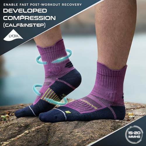 Rahhint CoolMax Quarter Compression Running Socks for Men Women, Wicking Cushion Athletic Hiking Socks 3 Pairs - color: Purple, size: 13-16