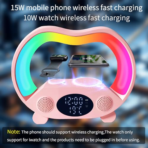 IHAO 6in1 Multi Functional Wireless Charger Bluetooth Speaker Time&Temperature Display Alarm Clock 7-Color LED Night Lights Fast Charger for Phone Apple Watch Earbuds Remote Control-Black - color: Wireless Charger Alarm Clock Zs932 Black