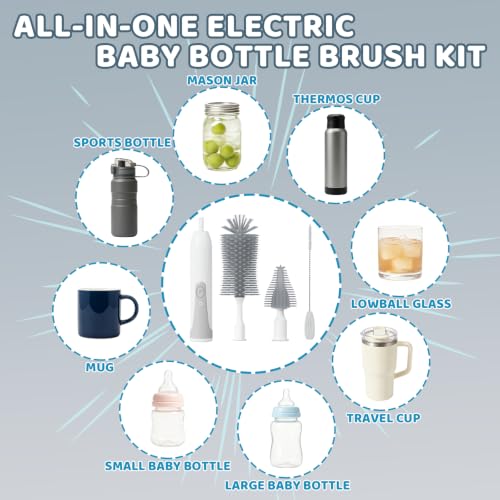 Portable Electric Bottle Brush Cleaner with Storage Box, 4-in-1 Kit - color: Gray
