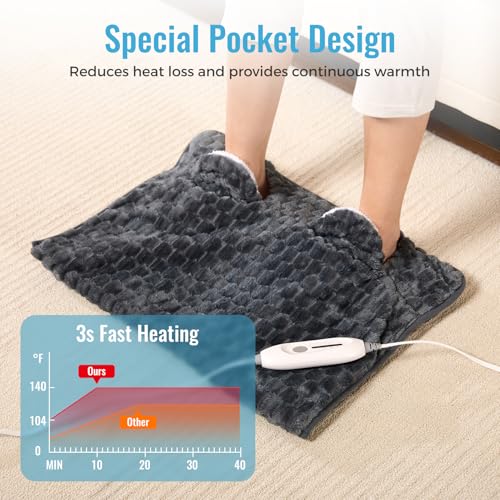 Electric Heated Foot Warmer Soft Flannel Foot Heater with 2h Auto Off & 3 Heat Levels Full Body Use Heating Pad for Feet, Abdomen, Cramps, Pain Relief Pocket Design 16" x 22" - color: Dark Grey