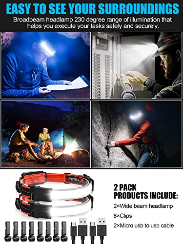 LED Headlamp, USB Rechargeable Hard Hat Light, 230° Broadbeam Headlight - color: Black-Red 2PC