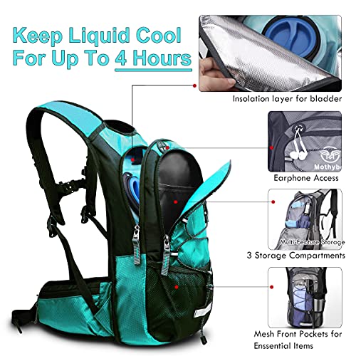 Mothybot Insulated Hydration Backpack Pack with 3L BPA Free Leak Proof Water Bladder, Large Storage Lightweight Hiking Daypack with Waist Pouches & Cooler Layer, for Running, Biking, Camping, Festival - color: Emerald