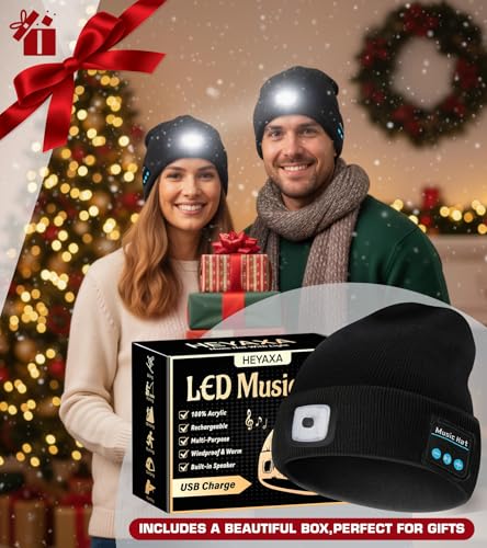 HEYAXA Bluetooth Beanie Hat, USB Rechargeable 4 LED Wireless Music Running Headlamp Cap, Dad Gifts for Husband, Dad, Birthday Gifts for Men, Dad, Father, Women, Him, Her, Black - color: Black