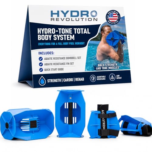 Aquastrength Hydro-Tone Total Body Pool Exercise System, Isokinetic Functional Water Weights, Bells 12" x 7.5", Fins 6.5" x 2.5", Quick Start Guide Included - color: Blue