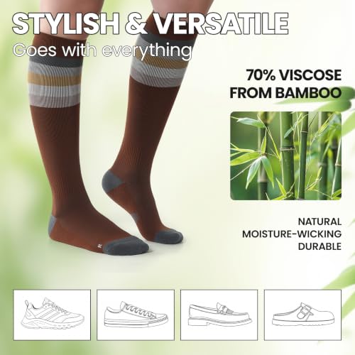 Bamboo Viscose Compression Socks 15-20 mmHg Knee High 3 Pairs Unisex - color: A03-3pair-striped Brown Color Collision, size: Large-X-Large