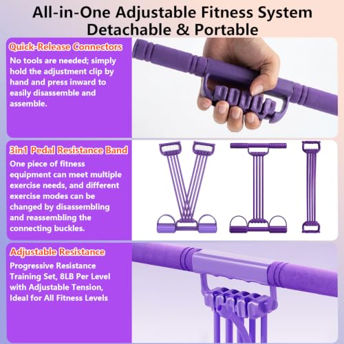 Pedal Resistance Band with Handle,10 Adjustable Levels, 8-80 LBS - color: 8-Tube Pink