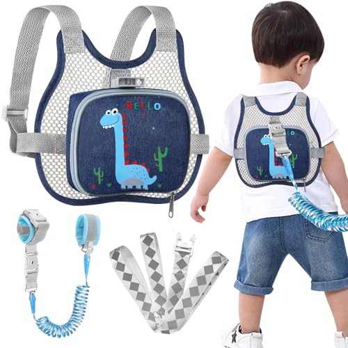 Accmor Toddler Harness Leash, Cute Dinosaur Kids Leashes + Reflective Anti Lost Wrist Link, Collapsible Baby Walking Harness Belt, Breathable Child Hand Strap Tether for Boys Traveling in Hot Weather - color: Navy Blue/Breathable Brachiosaurus