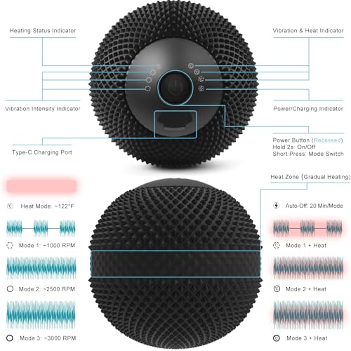 Vibrating Massage Ball with Heat, 7 Modes, Memory, 3.6 in, Black - color: Black