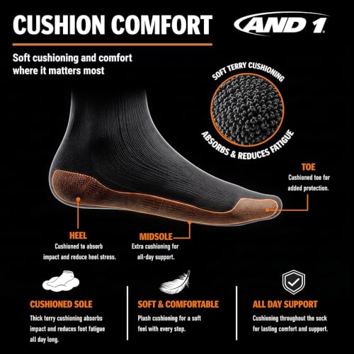 AND1 Mens Athletic Crew Socks 24 Pack Cushioned Comfort Socks - color: Heather Gray/Black