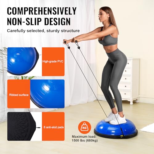 VEVOR Half Exercise Ball Trainer, 23/26 inch Balance Ball Trainer, 1500lbs Capacity Stability Ball, Yoga Ball with Resistance Bands & Foot Pump, Strength Fitness Ball for Home Gym Full Body Workout - color: 26" Ripple Blue