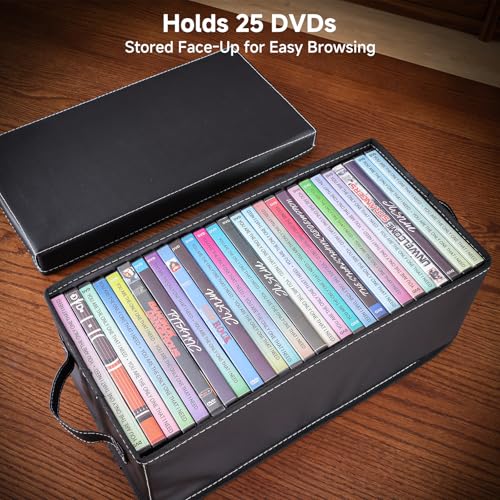 DVD Storage Box – Black Faux Leather DVD Case with Lid – DVD Shelf Organizer for 25 Standard DVD Cases – Foldable & Stackable Media Storage Solution-4Pack - size: DVD-4Pack