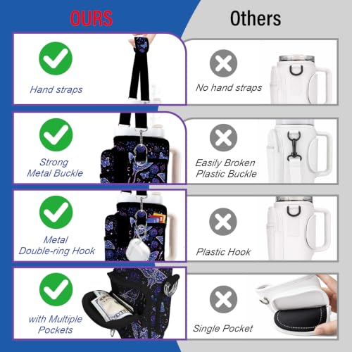 Water Bottle Carrier Bag for Stanley Cup 40/30oz, Neoprene Water Bottle Holder Pouch with 3 Pocket Adjustable Shoulder & Hand Strap - color: Purple Butterfly