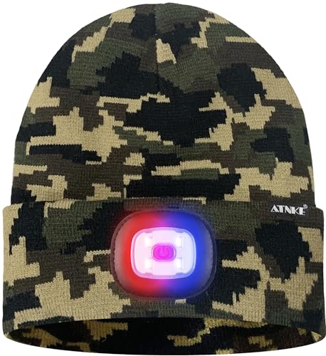 ATNKE LED Lighted Beanie Hat,USB Rechargeable 4 LED Red and Blue Flashing Running Headlamp Cap Gifts for Men and Women - color: #Camouflage Green