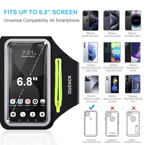 GUZACK Running Armband for iPhone 16/17/18 Pro Max, Galaxy S26 S25, with Card Slot & Key Pockets, Running Phone Holder, Fit Up to 6.9 Inches Phone - Size L (Bigger Arm 14-17 in) - color: Green Zipper, size: L