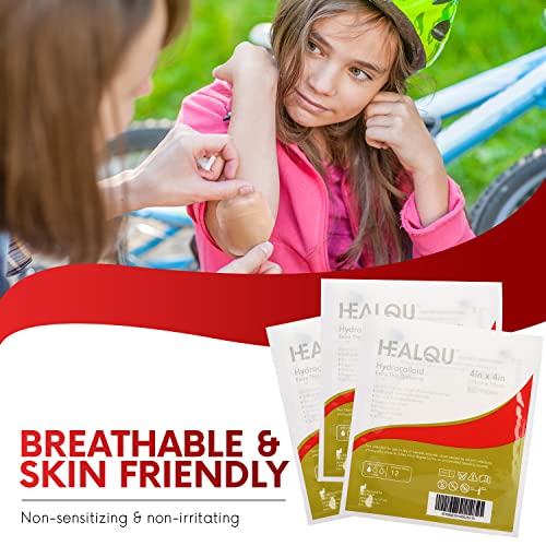 Healqu Hydrocolloid Wound Dressing - 4x4 Thin - Box of 10 Large Bandages - Sterilized Bordered Hydrocolloid Patches for Bed Sores, Abrasions, and More - Waterproof and Absorbent with Protective - size: 4x4" Thin - Box of 10