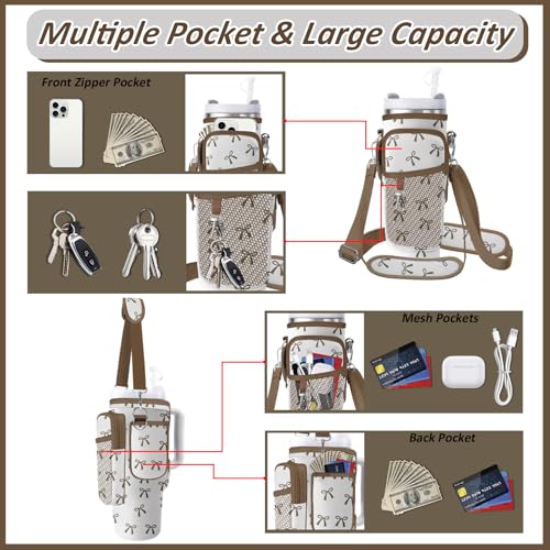 Water Bottle Carrier Bag for Stanley 40/30oz Cup Tumbler with Phone Pocket,Insulated Crossbody Water Bottle Holder with Adjustable Strap,Water Bottle Sling Pouch for Hiking Walking Camping Accessories - color: Brown Bow Tie