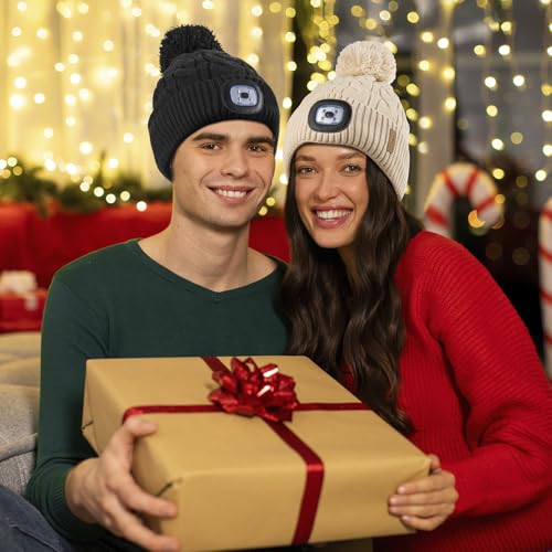 Etsfmoa Winter Hat with Light,Fleece Lined Knit Beanie,Pompom Hat for Women - color: Black