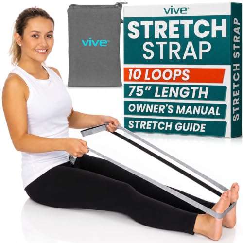 Vive Stretch Strap (75" - 10 Loops) - Leg Stretch Band to Improve Flexibility - Stretching Out Yoga Strap - Exercise and Physical Therapy Belt for Rehab, Pilates and Gymnastics with Guide Book - color: Gray