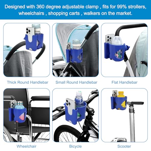 Accmor Stroller Cup Holder, Universal Cup Holder for Walker Wheelchair Bike Scooter, 360° Rotatable Stroller Cup Holder Attachment Walker Wheelchair Accessory - color: Cup Phone Holder-Blue