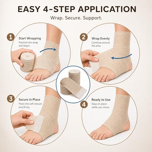 4" Elastic Bandage Wrap with Self-Closure, 2-Pack – 15 ft Stretched – Latex-Free, Reusable, Washable – Compression Support for Sprains, Injuries, Swelling, Sports Recovery - size: 4"