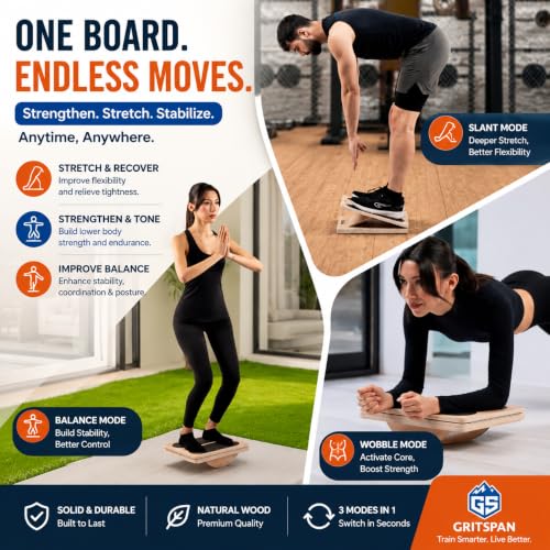 Slant Boards for Exercise, 3-in-1 Wooden Calf Stretcher, Rocker Balance Board and 360° Wobble Board, 5 Adjustable Angles, Anti-Slip Surface, Training Poster Included - size: Standard
