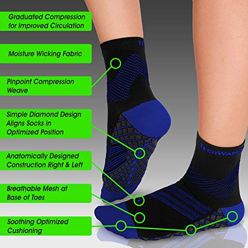 TechWare Pro Plantar Fasciitis Socks – Cushion Ankle Compression Socks Women & Men. Achilles Tendonitis Brace & Arch Support - color: Black / Blue, size: Small