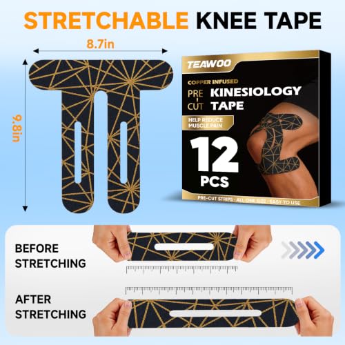 TEAWOO PreCut Kinesiology Tape for Knees, 12P Extra Adhesive Athletic Tape