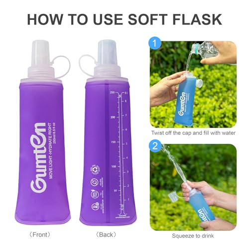 2 Pack Soft Flask 250ml TPU Collapsible BPA-Free Soft Water Bottle for Hydration Pack Running Vest Marathon Hiking Cycling (Purple) - color: 2pcs, 250ml Purple