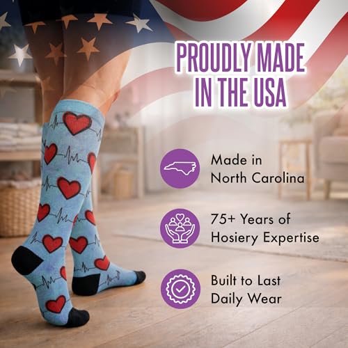 Crazy Compression Over-the-Calf Socks with Fun Designs - color: Heart Station Blue (Wide), size: Large-X-Large