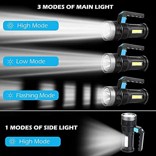 Wrrozz LED Flashlight USB Rechargeable Spotlight 4 Modes with Side Light - size: A