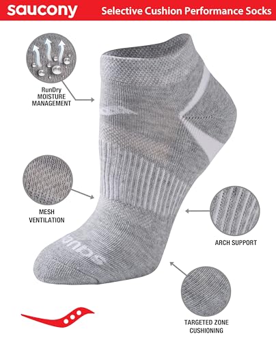 Saucony Women's RunDry Performance Selective Cushion Socks, Available in S-L (6, 12 Pairs) - color: Grey Basic (6 Pairs), size: Medium