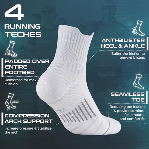 Rahhint CoolMax Quarter Compression Running Socks for Men Women, Wicking Cushion Athletic Hiking Socks 3 Pairs - color: White, size: 3-6