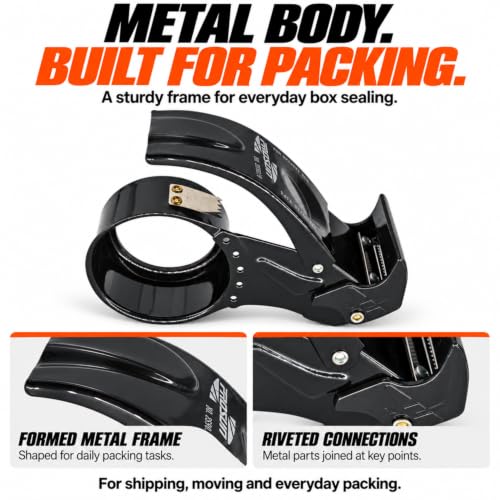 Metal Packing Tape Dispenser Gun, Metal Tape Gun Fits Packaging Tape with Dispenser up to 2 Inches, Adjustable Brake Tape Gun Handheld Sealing Cutter for Warehouse Tools Black