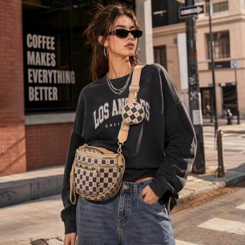 Makes Checkered Crossbody Bag Bum Bag for Women with Pouch - color: Khaki Checkered