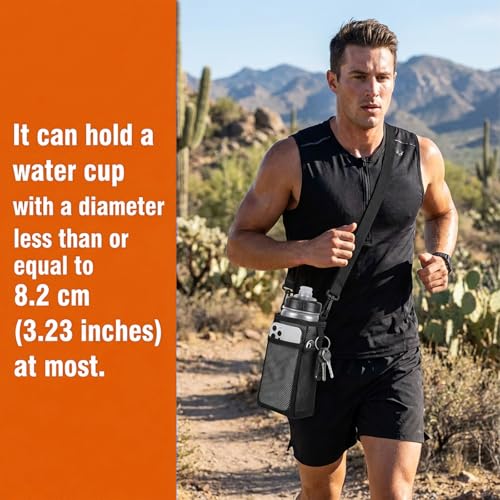 Larrel Water Bottle Holder with Strap, 2 Pcs Lightweight Mesh Water Bottle Bag Crossbody, Bottles Holder Strap with Pocket for Hiking Walking Cycling Gym Beach Travelling(Black, Pink)