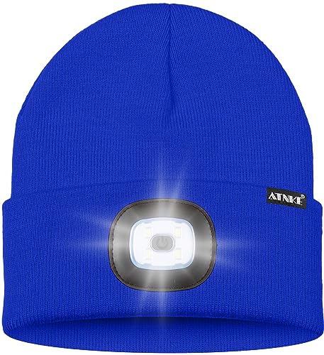 ATNKE LED Lighted Bluetooth Beanie Hat,USB Rechargeable 4 LED Wireless Music Running Headlamp Cap Gift for Men and Women - color: #Blue