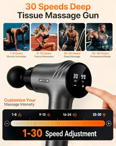 Massage Gun, 30 Speeds, 6 Heads, Quiet Deep Tissue Muscle Massager - color: Grey
