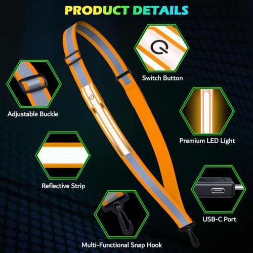 Fokia Kunbio LED Reflective Running Gear High Visibility Reflective Belt Sash with Armband for Walking at Night,Adjustable Running Safety Gear Light Up Running Belt for Runners Walkers Men Women - color: Orange