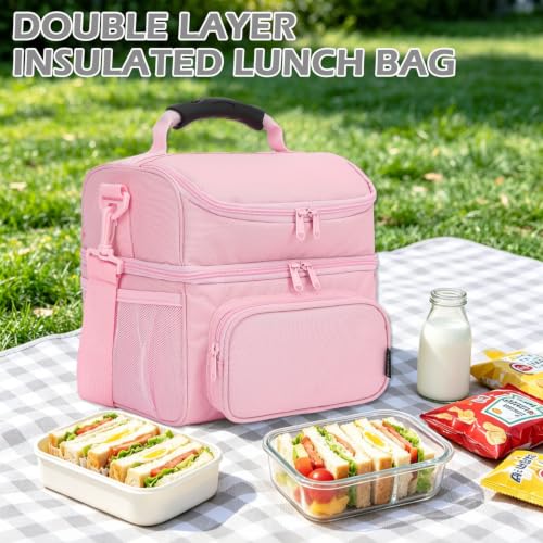 FlowFly Double Layer Cooler Insulated Lunch Bag Adult Lunch Box Large Tote Bag for Men, Women, With Adjustable Strap,Front Pocket and Dual Large Mesh Side Pockets - color: Pink#2