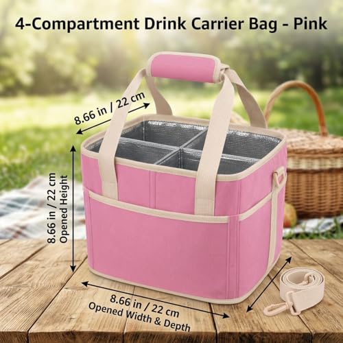 Drink Carrier Bag, 4 Compartment, Insulated Drink Carrier – Water Bottle Holder with Strap, Padded Handle Grip, Family Picnic Cooler Bag for Travel, Commute (Black) - color: Pink