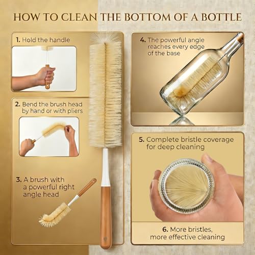 ALINK Extra Large Long Bottle Brush Set - 16" / 15" Long Bamboo Handle Bottle Cleaner for Narrow Neck Beer Wine Bottles, Decanter, Tumblers, Thermos, Jugs with Straw Brush, Kettle Spout/Lid Brush
