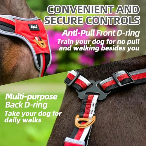 PUPTECK Escape Proof Dog Harness with Padded Handle, No Pull Pet Vest Harness Durable Reflective for Medium Large Dogs Walking Training and Running, Red, M - color: Red, size: Medium