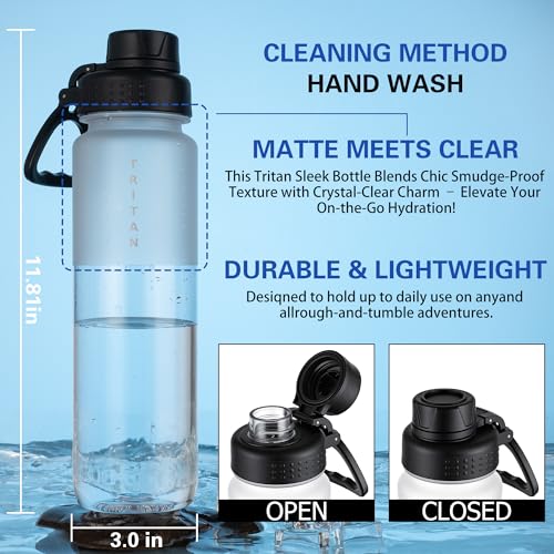 OLDLEY 32 oz Water Bottle with Handle, BPA-Free Tritan Reusable Sports Water Bottle with Leak-Proof Dust Lid, Wide Mouth, Cup Holder Friendly, Half Frosted Clear Bottle for Gym, Travel, Work,Clear - color: Clear