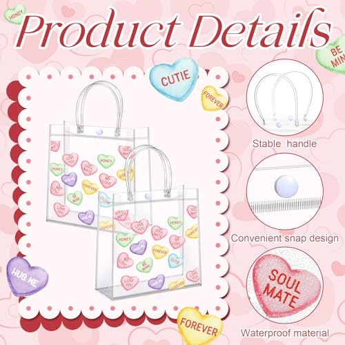 Aliceset 12 Pcs Valentine's Day Gift Bags Bulk Heart Printed Transparent Goodie Bags with Handles Reusable PVC Gift Totes for Valentines Wedding Bridal Birthday Party Favor(Conversation Heart) - style: Conversation Heart