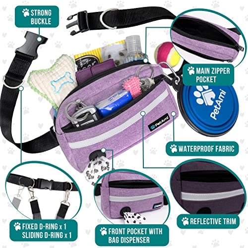 PetAmi Hands Free Dog Leash Waist Belt Bag Fanny Pack, Double, Purple - color: Purple, size: 2 Leashes